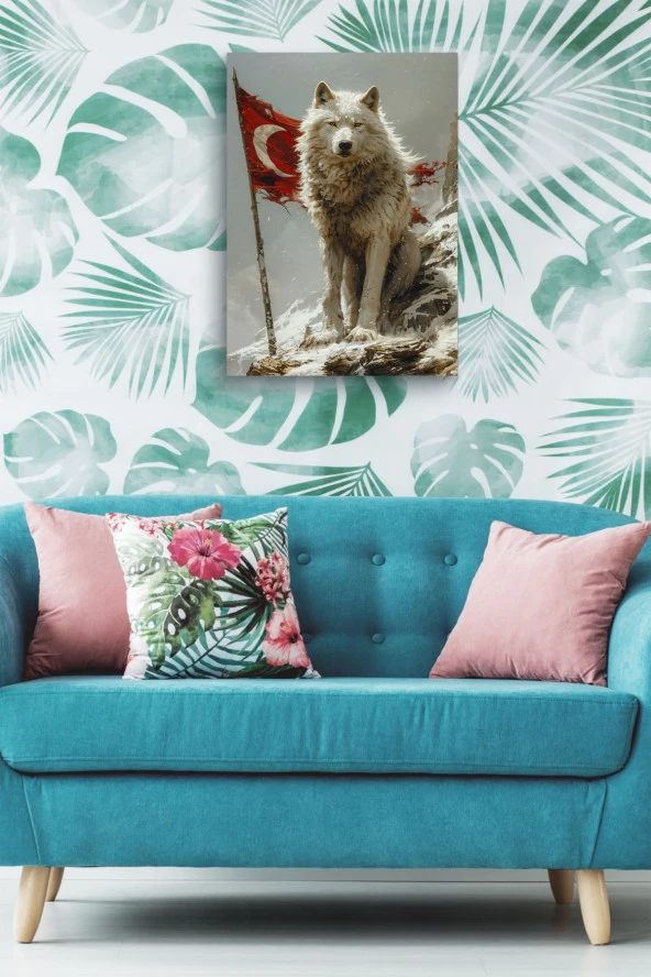 Arkasında Türk Bayraklı Beyaz Kurt Yağlı Kanvas Tablo - Resim 4