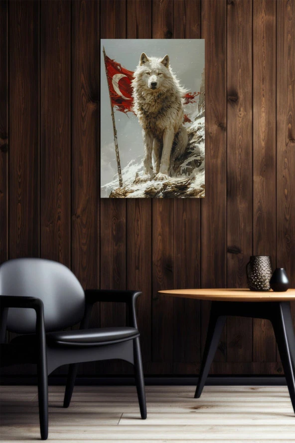 Arkasında Türk Bayraklı Beyaz Kurt Yağlı Kanvas Tablo - Resim 5