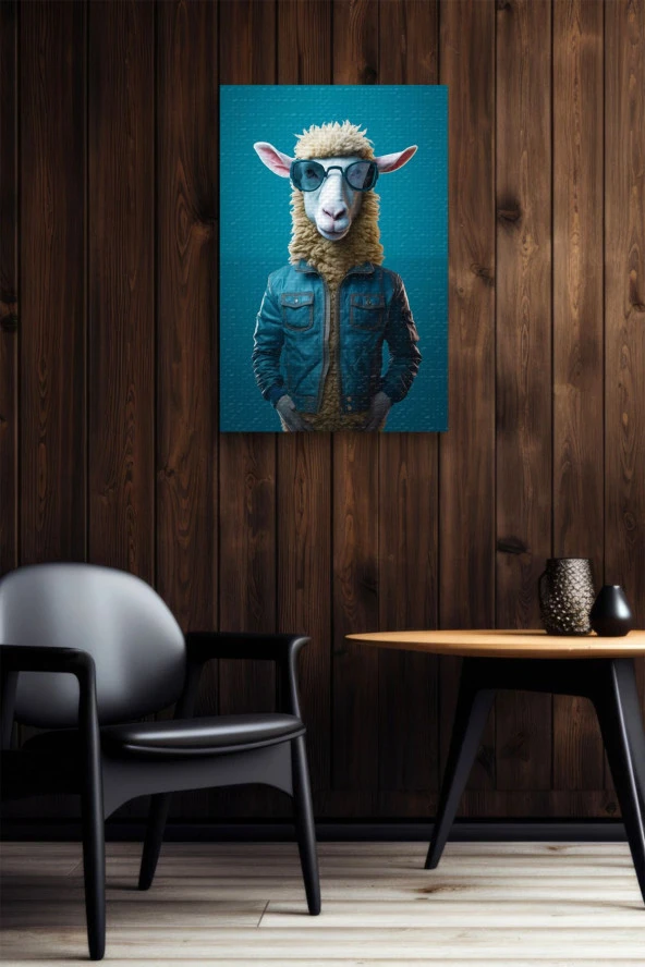 Modernist Mavi Deri Ceket Giymiş Koyun Yağlı Kanvas Tablo - 6