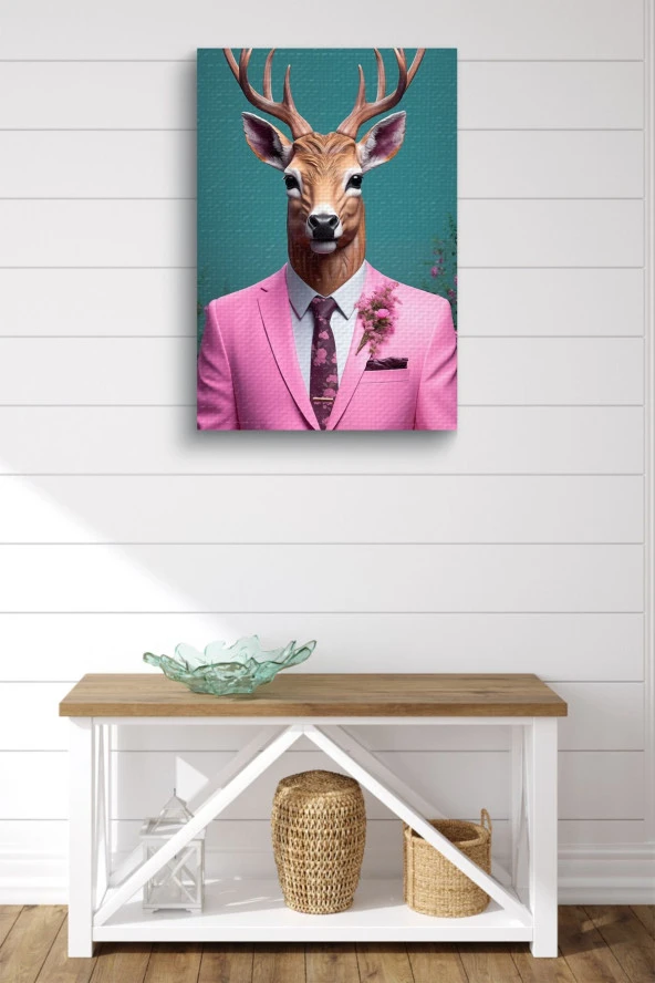 Pembe Takım Elbiseli Geyik Yağlı Kanvas Tablo - Resim 2