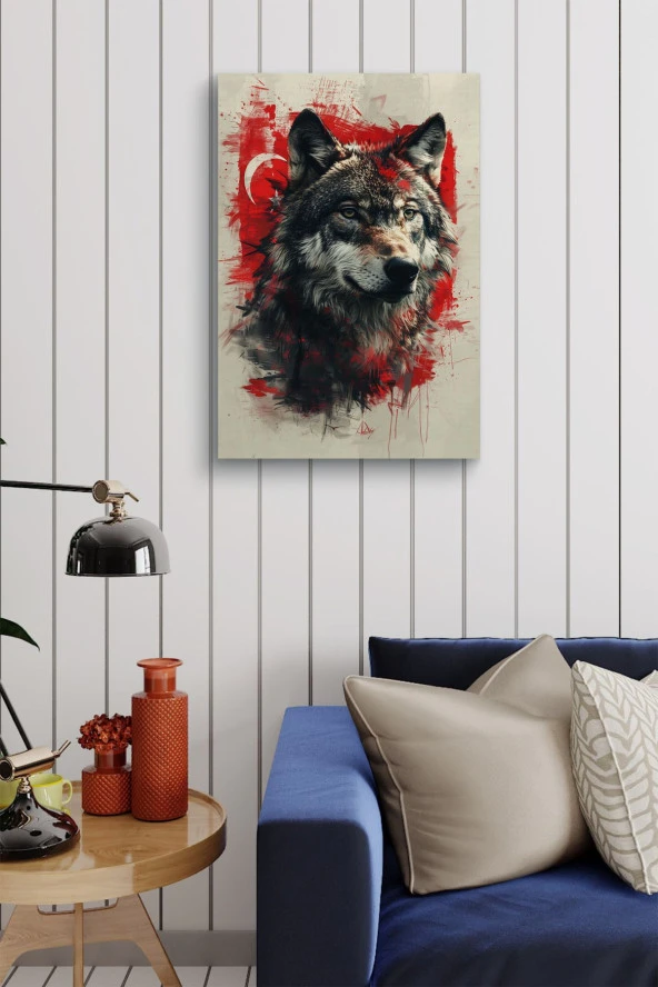 Türk Bayrağı Detaylı İri Kurt Yağlı Kanvas Tablo - Resim 4