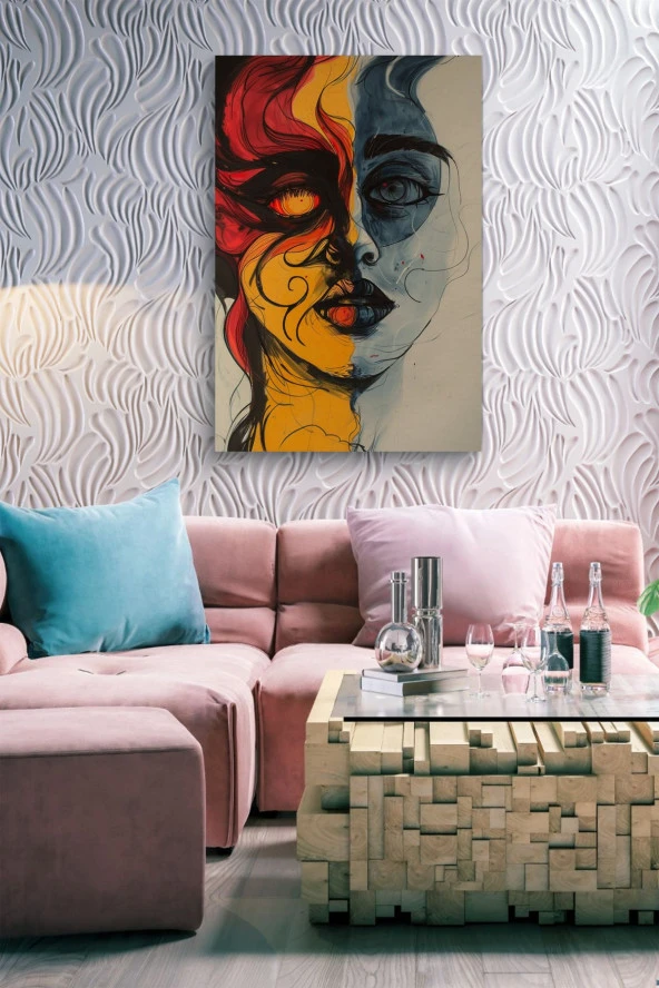 Güneş ve Ay Detaylı Yüz Görünümü Yağlı Kanvas Tablo - Resim 5