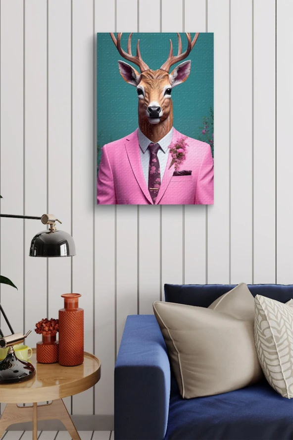 Pembe Takım Elbiseli Geyik Yağlı Kanvas Tablo - Resim 4
