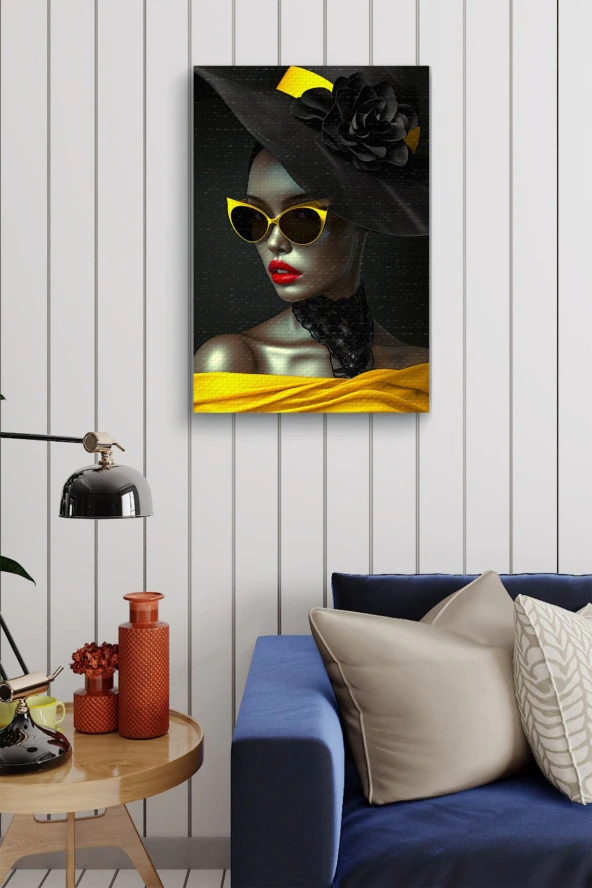 Modernist Sarı ve Siyah Detaylı Kadın Portre Yağlı Kanvas Tablo - Resim 3