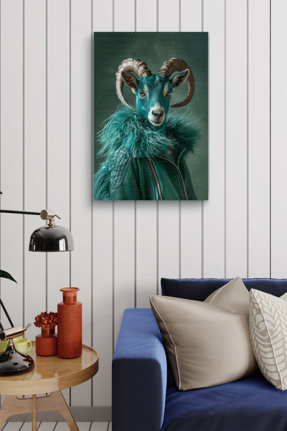 Kıyafet Giymiş Mavi Koç Portre Yağlı Kanvas Tablo - Resim 3