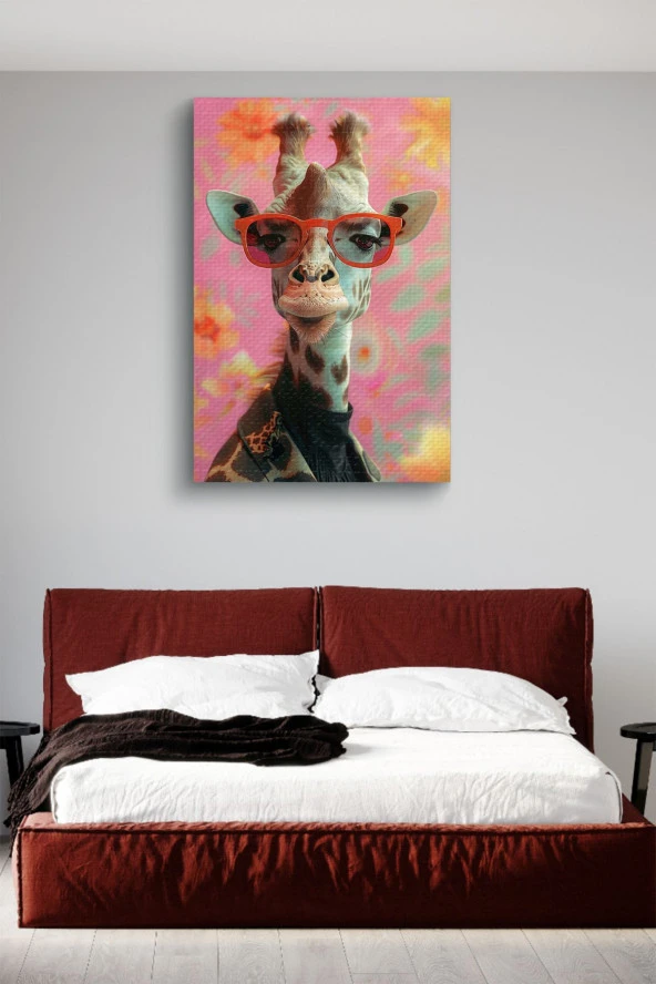 Çiçek Arka Planlı Zürafa Yağlı Kanvas Tablo - Resim 3