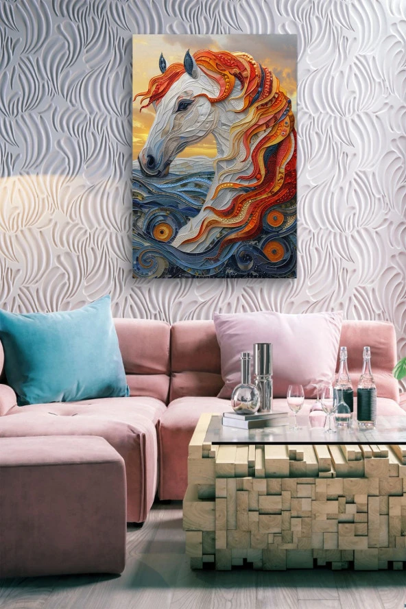 Turuncu Detaylı Kubistik At Yağlı Kanvas Tablo - Resim 6