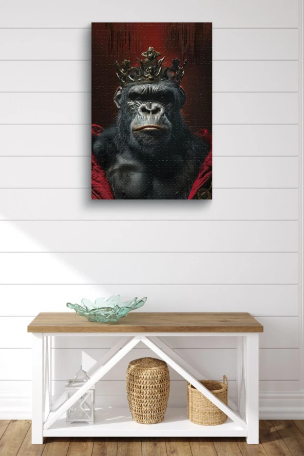 Modern Taç Takmış Goril Portre Yağlı Kanvas Tablo - Resim 2