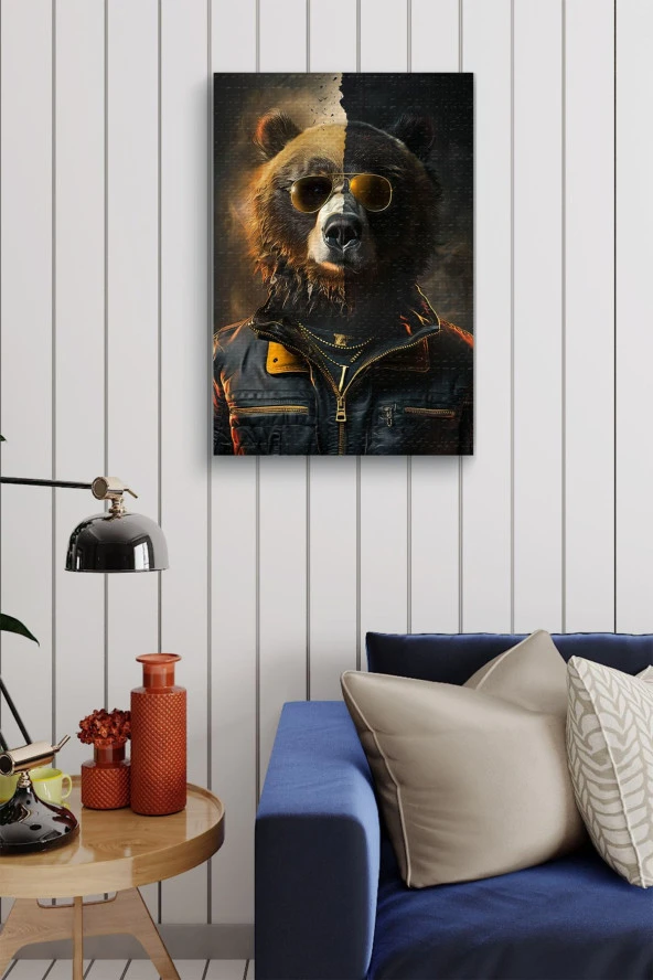 İki Renk Detaylı Kıyafet Giymiş Boz Ayı Yağlı Kanvas Tablo - Resim 4