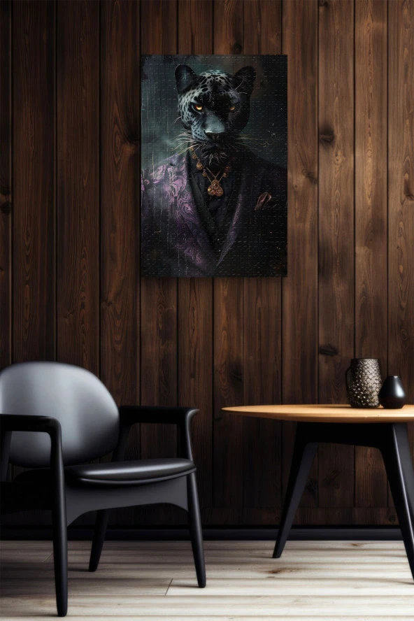 Modernist Kıyafet Giymiş Siyah Leopar Yağlı Kanvas Tablo - Resim 5