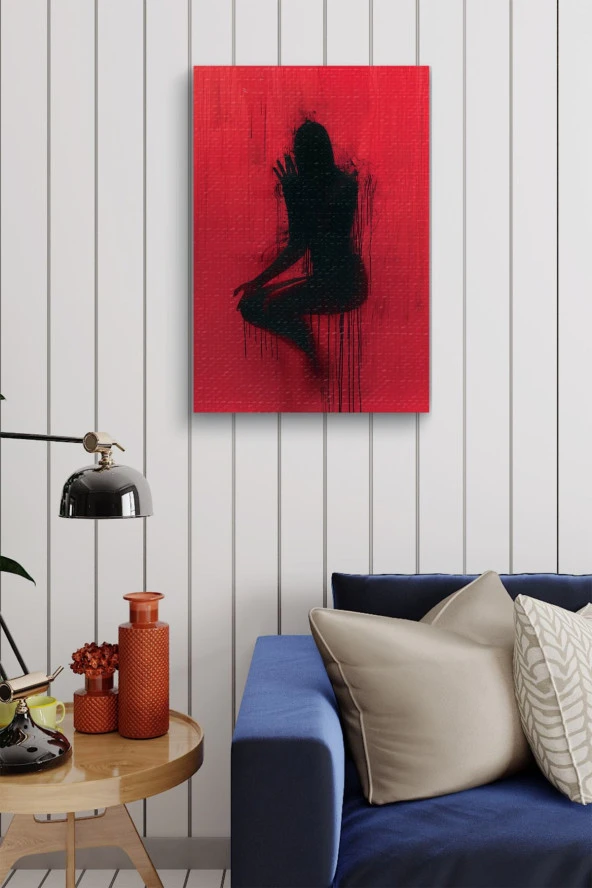 Kırmızı Duvar Önündeki Siyah Silüet Yağlı Kanvas Tablo - Resim 3