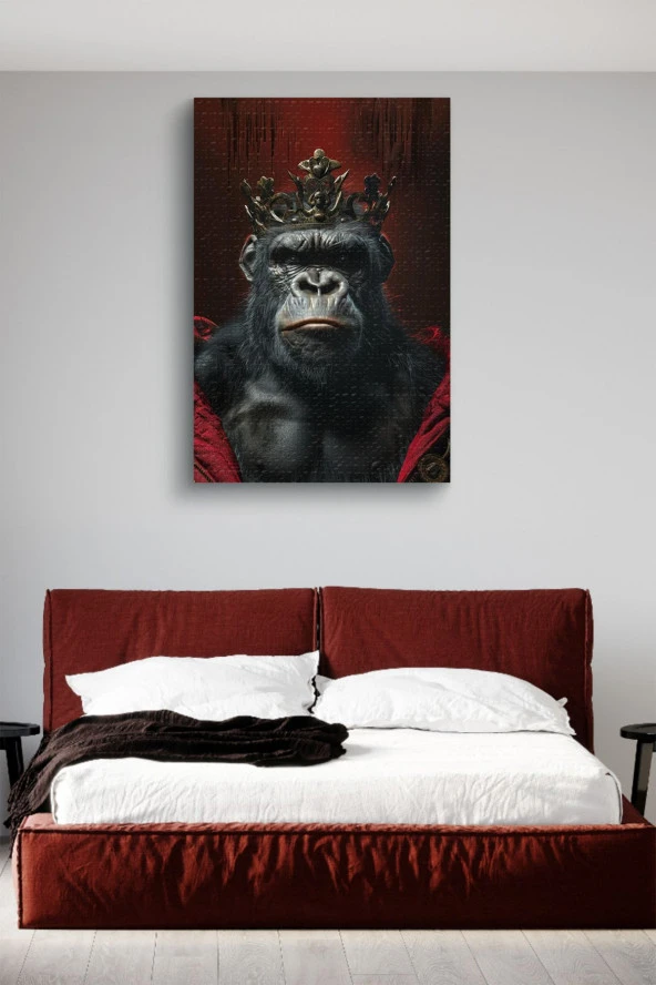 Modern Taç Takmış Goril Portre Yağlı Kanvas Tablo - Resim 3