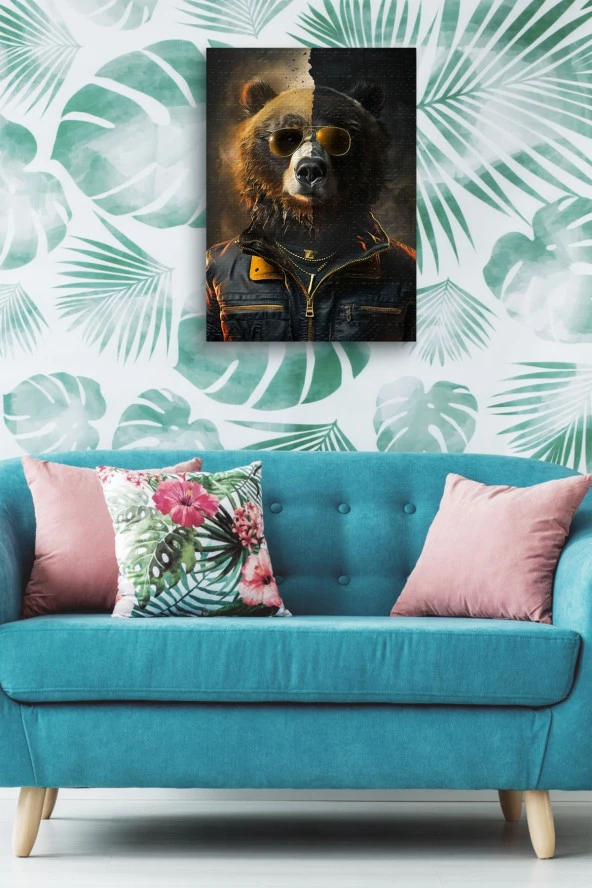 İki Renk Detaylı Kıyafet Giymiş Boz Ayı Yağlı Kanvas Tablo - Resim 5