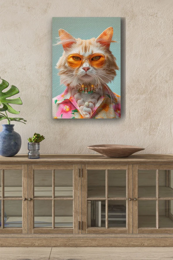 Modernist Kıyafet Giymiş Kedi Yağlı Kanvas Tablo ürün görseli