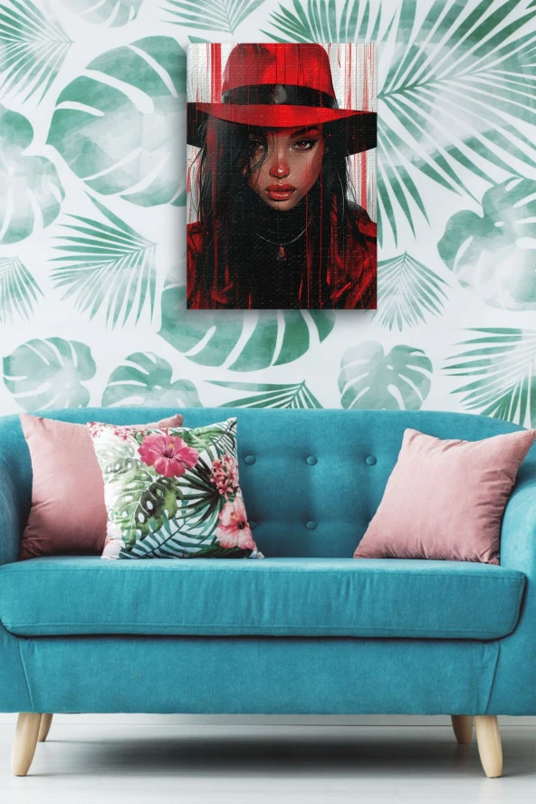 Kırmızı Şapkalı Siyahi Kadın Dekoratif Portre Yağlı Kanvas Tablo - Resim 5