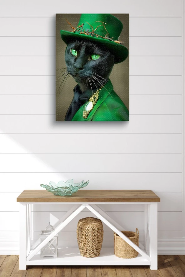 Modernist Kıyafet Giymiş Siyah Kedi Yağlı Kanvas Tablo - Resim 2