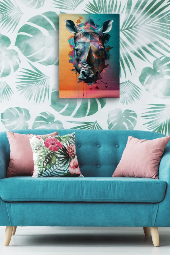 Renkli Sanatsal 3D Görünümlü Gergedan Başı Yağlı Kanvas Tablo - Resim 5