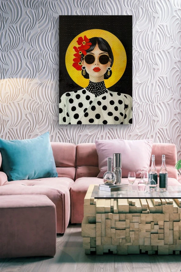 Kırmızı Çiçek Detaylı Kadın Çizim Yağlı Kanvas Tablo - Resim 7