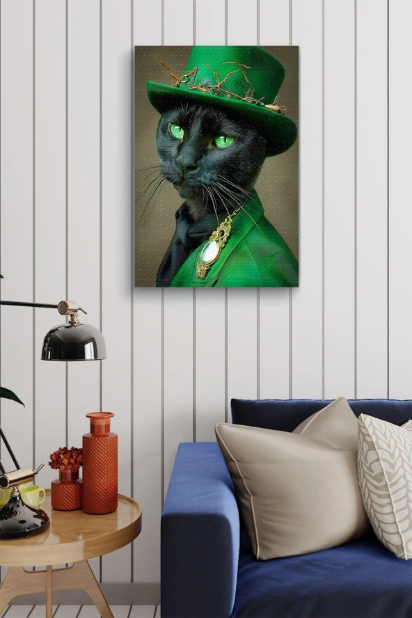 Modernist Kıyafet Giymiş Siyah Kedi Yağlı Kanvas Tablo - Resim 3