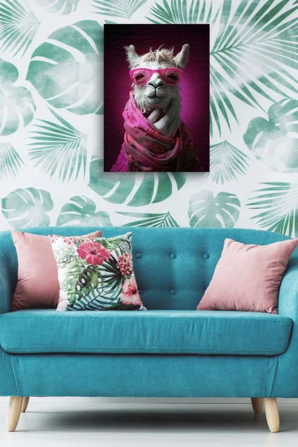 Pembe Gözlüklü Lama Yağlı Kanvas Tablo - Resim 4