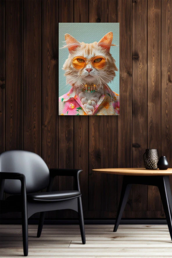 Modernist Kıyafet Giymiş Kedi Yağlı Kanvas Tablo - Resim 6