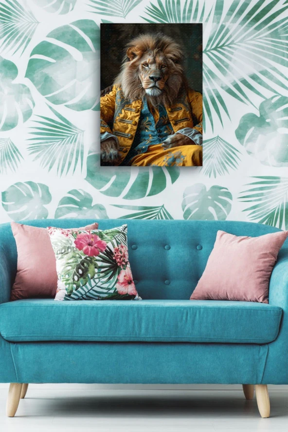 Modernist Kıyafet Giymiş Aslan Portre Yağlı Kanvas Tablo - Resim 4