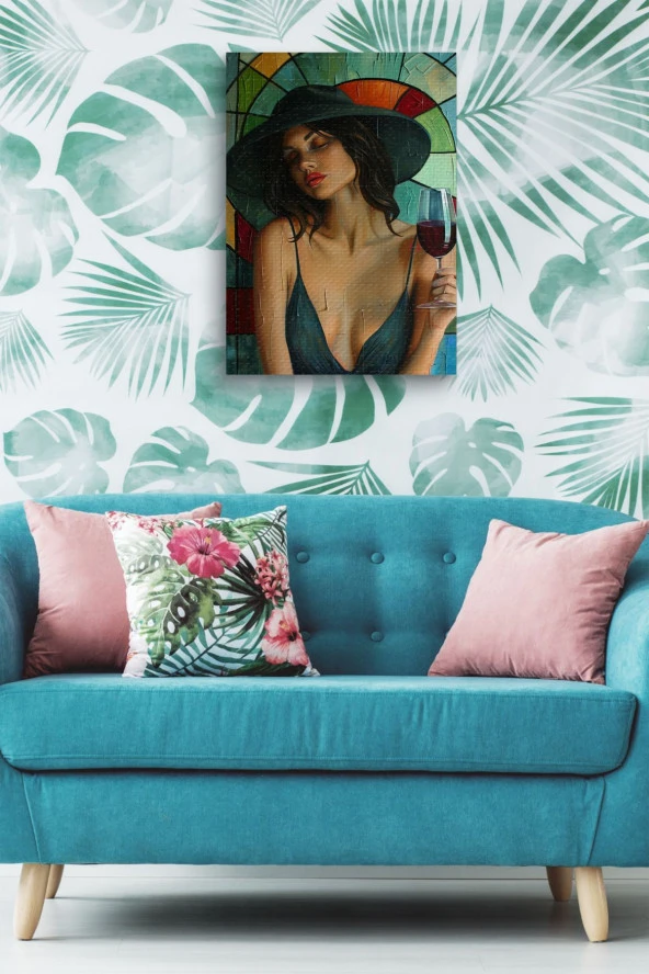 Şarap İçen Kadın Portre Yağlı Kanvas Tablo - Resim 5