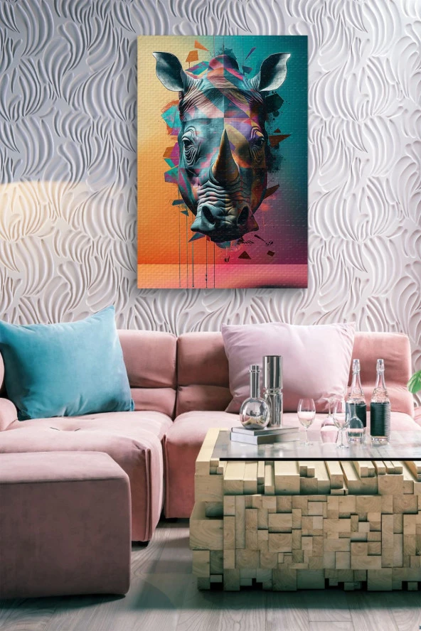 Renkli Sanatsal 3D Görünümlü Gergedan Başı Yağlı Kanvas Tablo - Resim 7