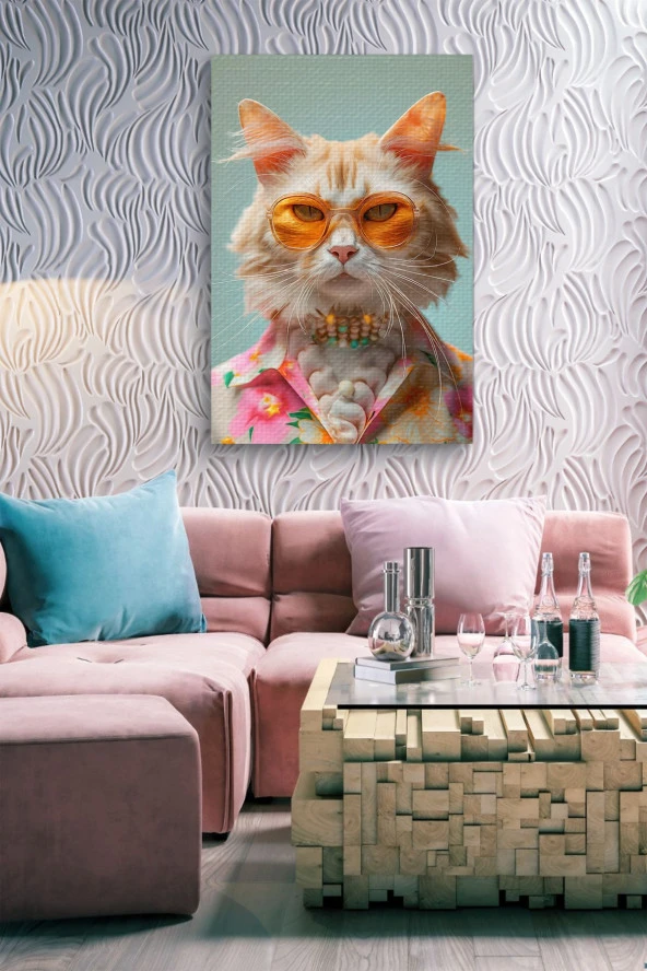 Modernist Kıyafet Giymiş Kedi Yağlı Kanvas Tablo - Resim 7