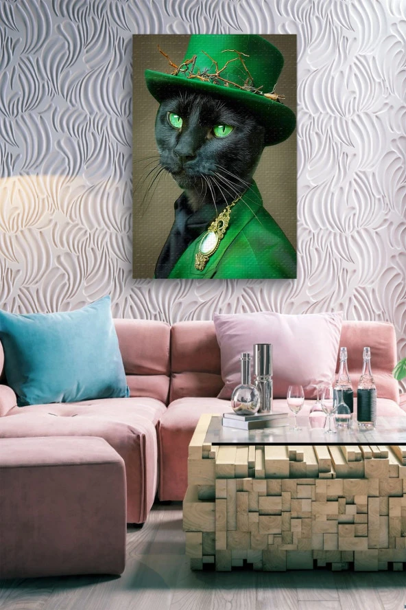 Modernist Kıyafet Giymiş Siyah Kedi Yağlı Kanvas Tablo - Resim 6