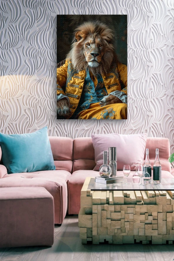 Modernist Kıyafet Giymiş Aslan Portre Yağlı Kanvas Tablo - Resim 6