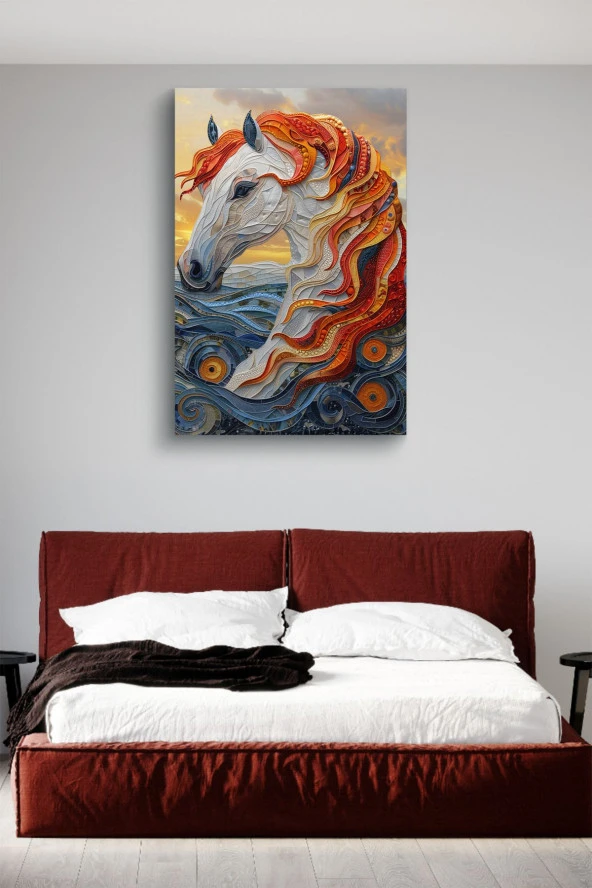 Turuncu Detaylı Kubistik At Yağlı Kanvas Tablo - Resim 2