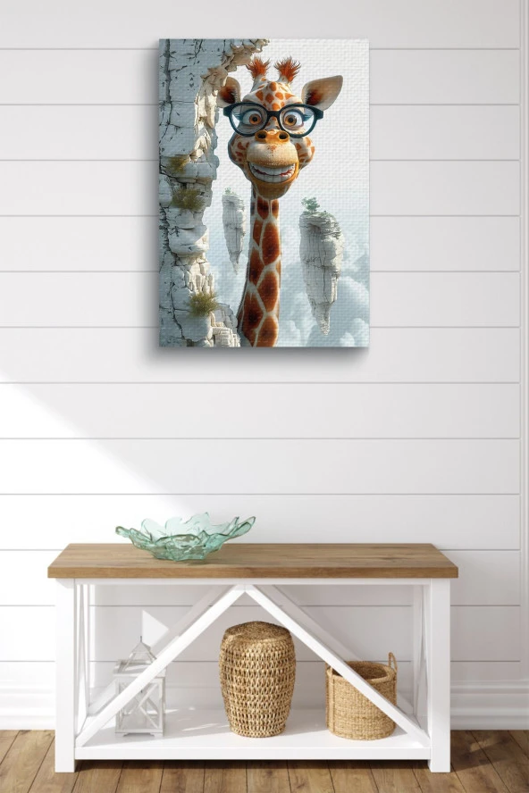 Gözlüklü Gülen Zürafa Çocuk Odası Yağlı Kanvas Tablo - Resim 2