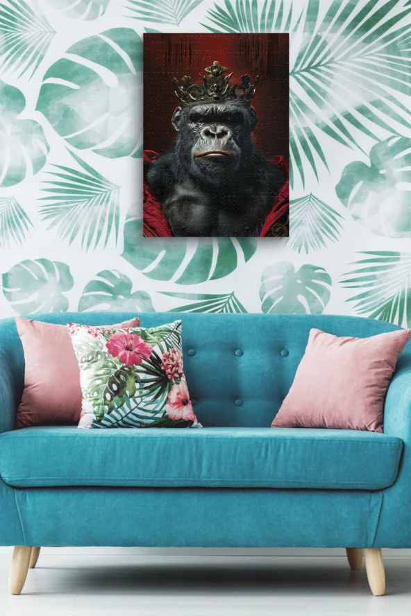 Modern Taç Takmış Goril Portre Yağlı Kanvas Tablo - Resim 4