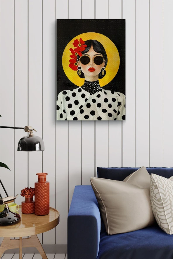 Kırmızı Çiçek Detaylı Kadın Çizim Yağlı Kanvas Tablo - Resim 4