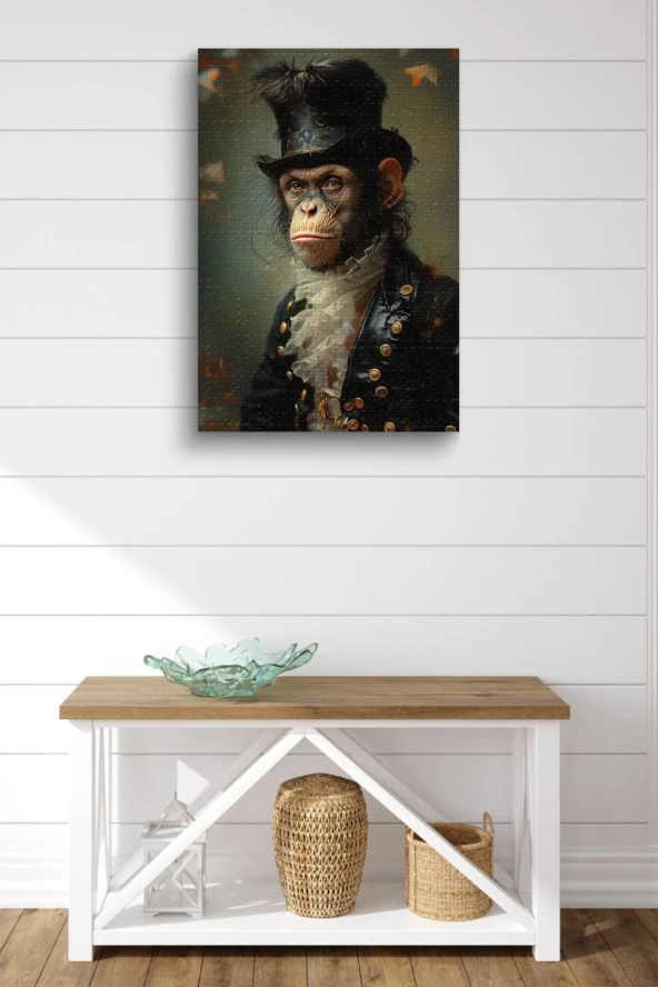 Modernist Nostalji Detaylı Maymun Portre Yağlı Kanvas Tablo - Resim 2