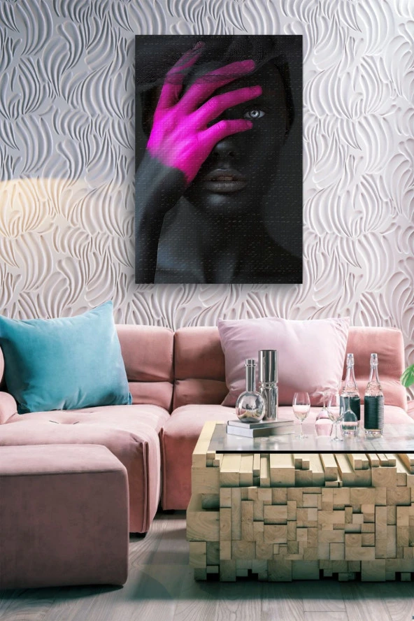Pembe Renk Detaylı Siyah Kadın Portre Yağlı Kanvas Tablo - Resim 7