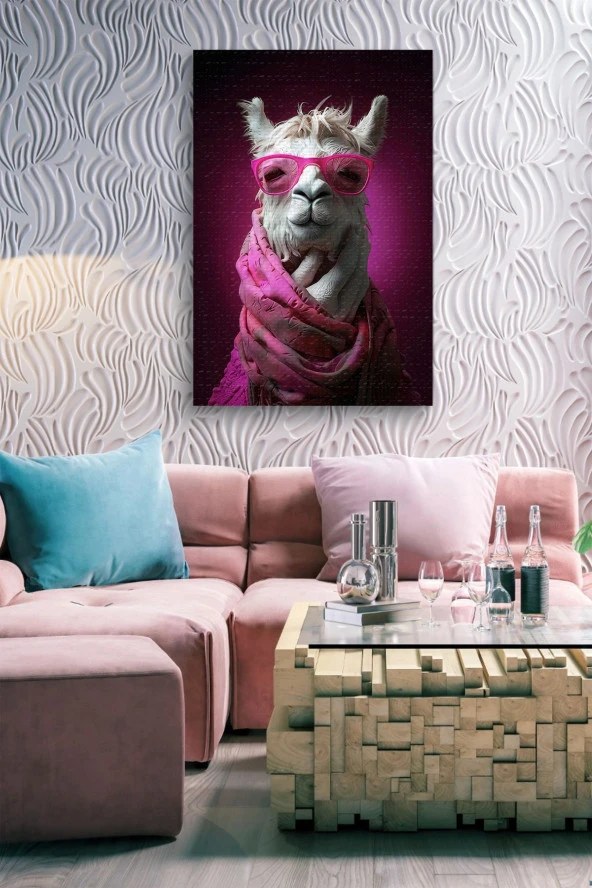 Pembe Gözlüklü Lama Yağlı Kanvas Tablo - Resim 6