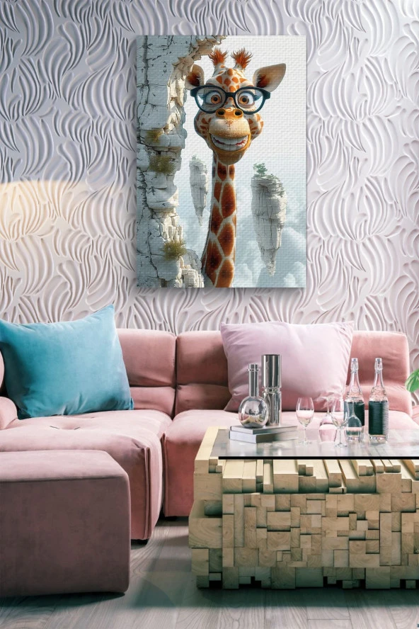 Gözlüklü Gülen Zürafa Çocuk Odası Yağlı Kanvas Tablo - Resim 6