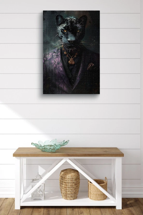 Modernist Kıyafet Giymiş Siyah Leopar Yağlı Kanvas Tablo - Resim 2