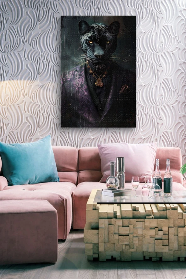 Modernist Kıyafet Giymiş Siyah Leopar Yağlı Kanvas Tablo - Resim 6