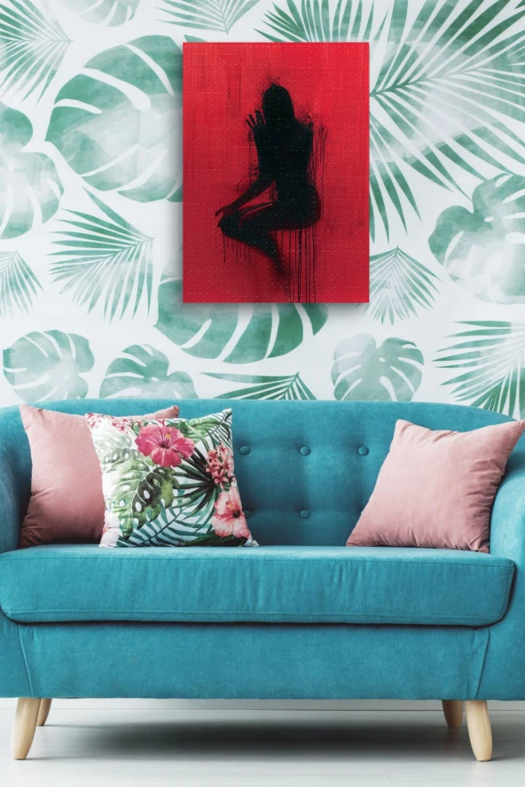 Kırmızı Duvar Önündeki Siyah Silüet Yağlı Kanvas Tablo - Resim 4