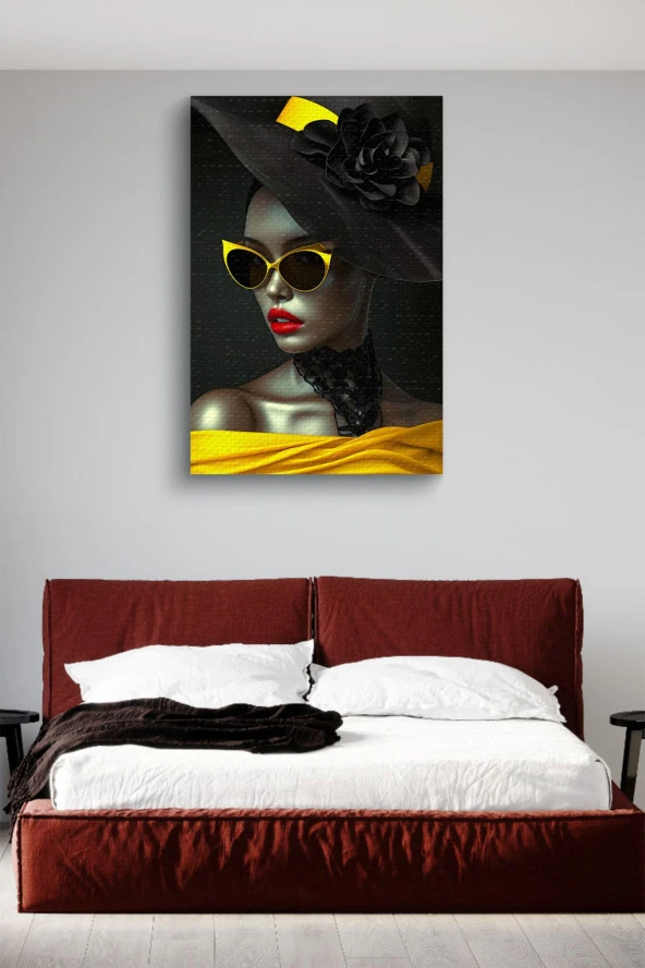 Modernist Sarı ve Siyah Detaylı Kadın Portre Yağlı Kanvas Tablo - Resim 2