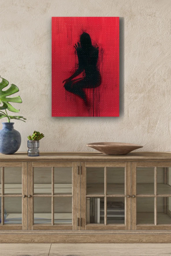 Kırmızı Duvar Önündeki Siyah Silüet Yağlı Kanvas Tablo ürün görseli
