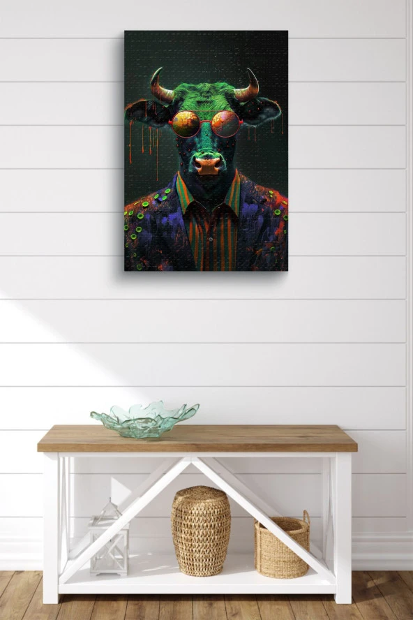 Renkli Tasarım Kıyafet Giymiş Boğa Portre Yağlı Kanvas Tablo - Resim 2