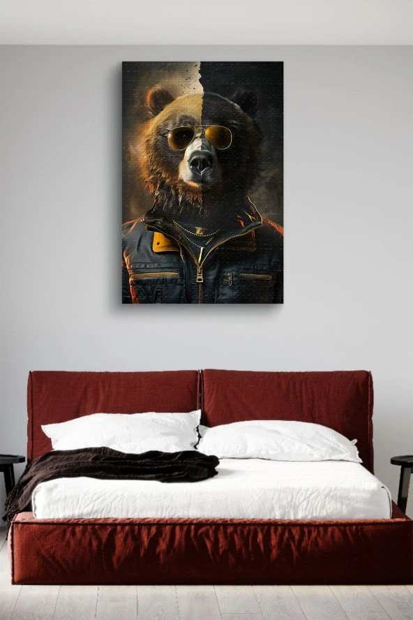 İki Renk Detaylı Kıyafet Giymiş Boz Ayı Yağlı Kanvas Tablo - Resim 3