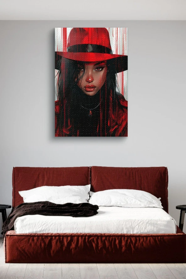 Kırmızı Şapkalı Siyahi Kadın Dekoratif Portre Yağlı Kanvas Tablo - Resim 3