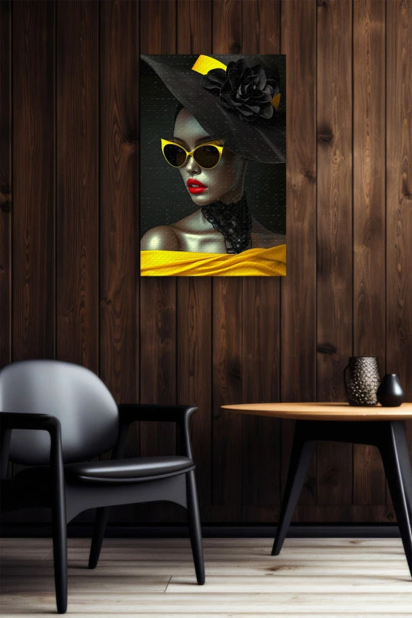Modernist Sarı ve Siyah Detaylı Kadın Portre Yağlı Kanvas Tablo - Resim 5