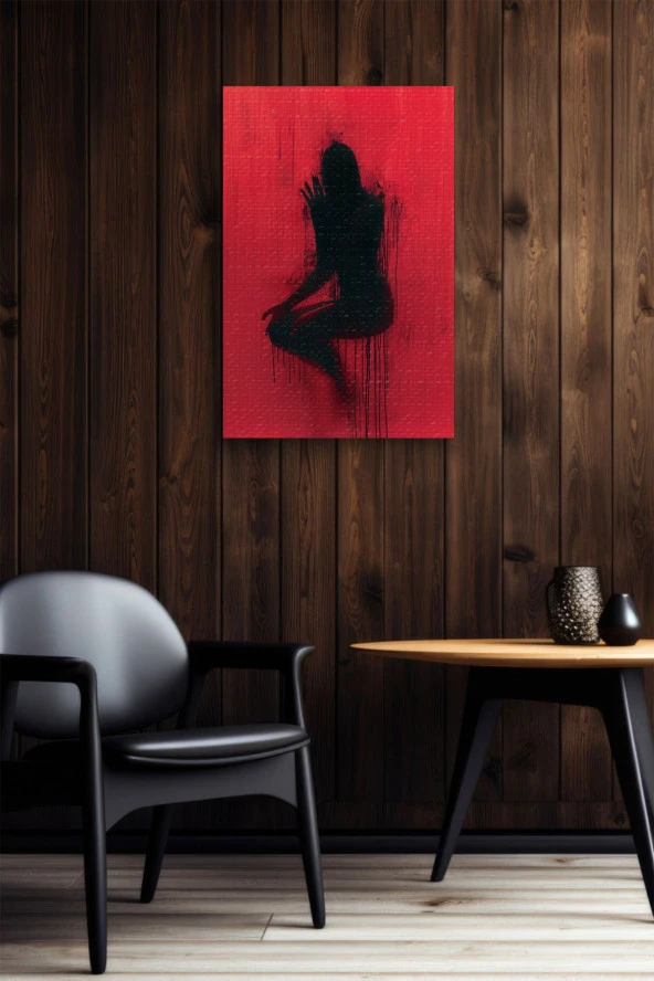 Kırmızı Duvar Önündeki Siyah Silüet Yağlı Kanvas Tablo - Resim 5