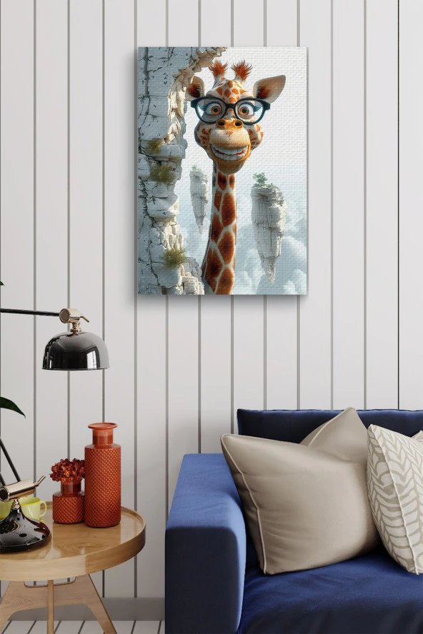 Gözlüklü Gülen Zürafa Çocuk Odası Yağlı Kanvas Tablo - Resim 3